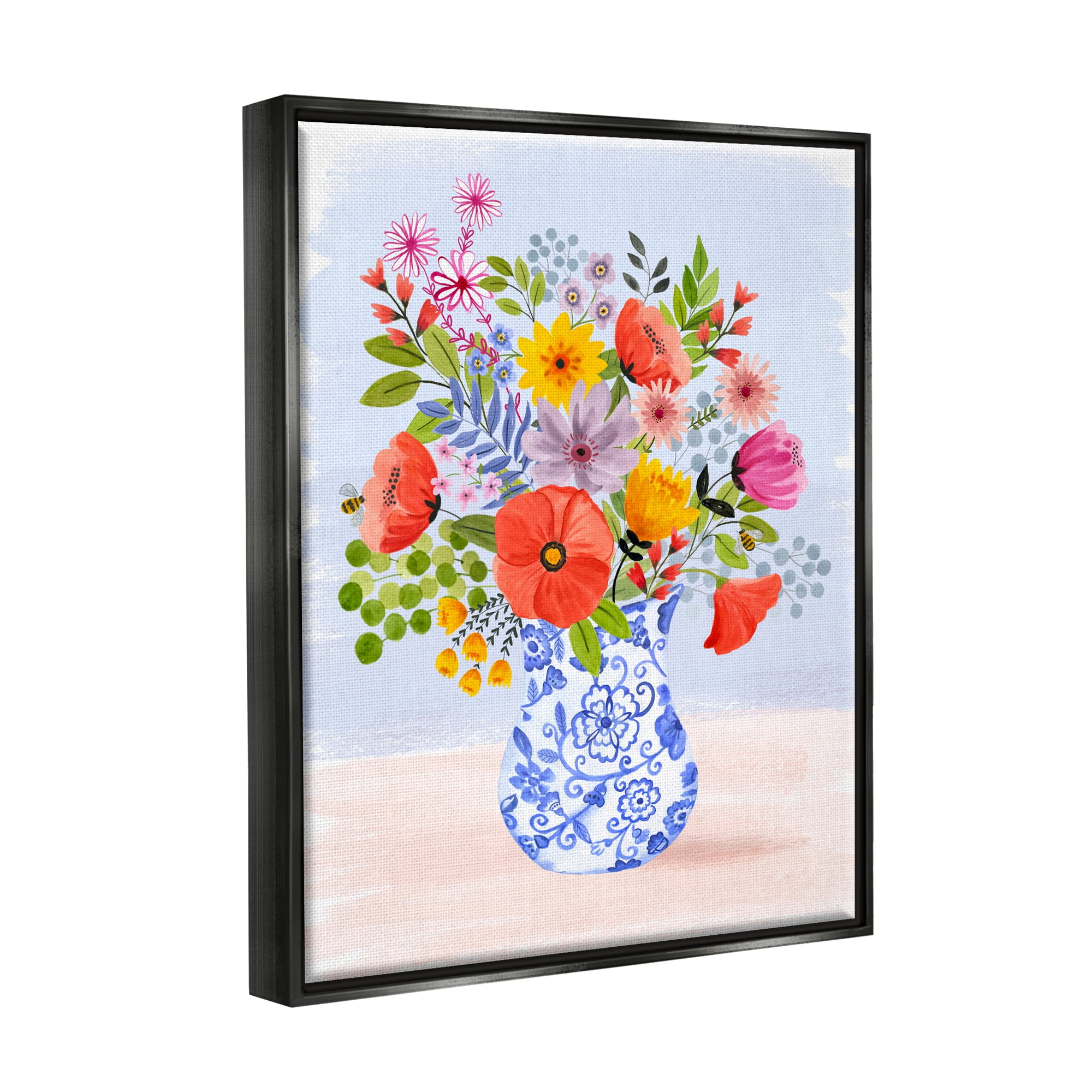 Stupell Industries Bright Flowers in Pottery Botanical & Floral Painting Black Floater Framed Canvas Art Print Wall Art, 25 x 31