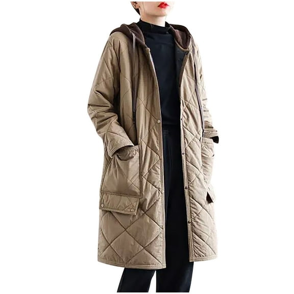 GigrtiJin Oversized Quilted Trench Coat for Women Solid Color Hooded Drawstring Button Down Long Sleeve Pocket Outcoat