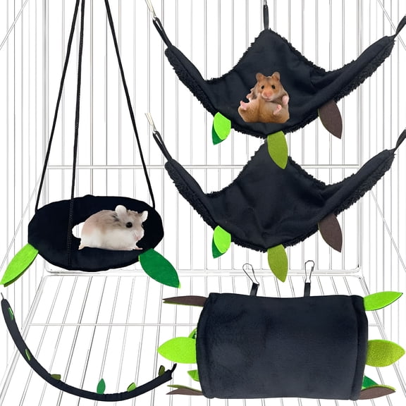 ACDANC 5PCS Small Animal Hanging Bed & Hideout Set - Cotton Hamster Hammock, Tunnel, Swing Cage Accessories for Dwarf Hamster, Rat, Gerbil