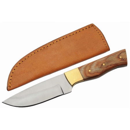 SZCO 8-Inch Wood Hunting Skinner Knife 4-Inch Full Tang Stainless Steel Fixed Blade Brown Pakkawood Handle with Brass Guard and Pins Leather Sheath