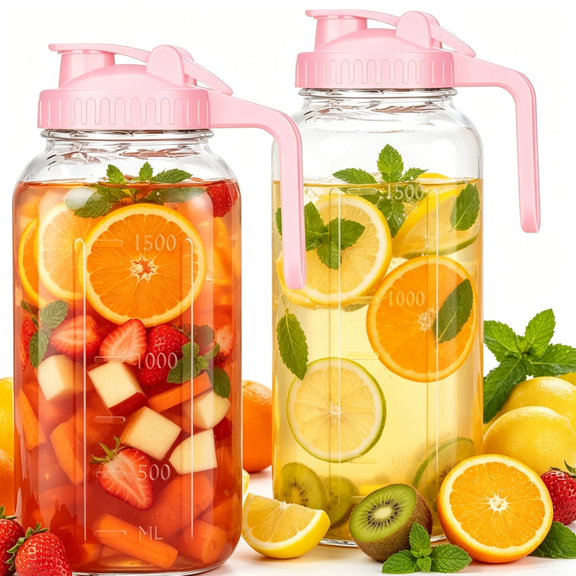 2-Piece Glass Beverage Pitcher with Pink Lid & Handle, Leakproof Water Carafe with Scale, Iced Tea & Juice Pitcher for Fridge, Kitchen(Pink)