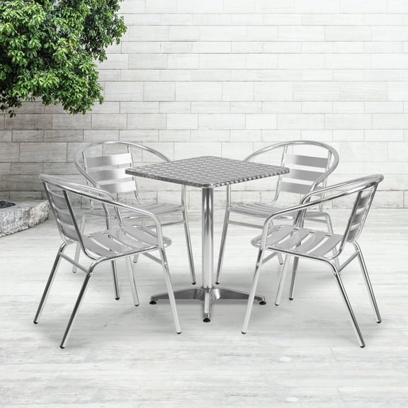 BizChair 23.5'' Square Aluminum Indoor-Outdoor Table Set with 4 Slat Back Chairs