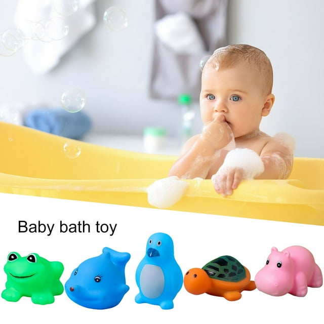 Hesroicy - 3 juguetes de baño para bebé con silbato incorporado, diseño de rana, pingüino, delfín, hipopótamo, tortuga, juguete de vinilo, sonido chirriante y confort emocional, animales marinos de
