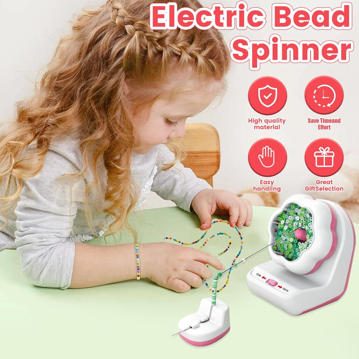 Bracelet Spinner, Electric Clay Bead Spinner for Jewelry Making with 3 Beading Needles Automatic Bracelet Maker for Bracelets Necklaces Waist Chains, Christmas Birthday Gift for Girls, Pink