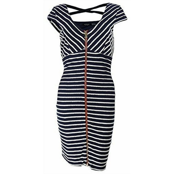 Guess Women's Textured Striped Crisscross Zippered Dress (8, Navy/White)