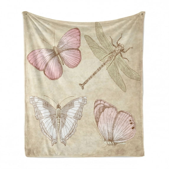 Vintage Soft Flannel Fleece Throw Blanket, Butterflies Bugs Old Collector Image on Abstract Retro Backdrop Art, Cozy Plush for Indoor and Outdoor Use, 70" x 90", Pale Pink and Pale Grey, by Ambesonne