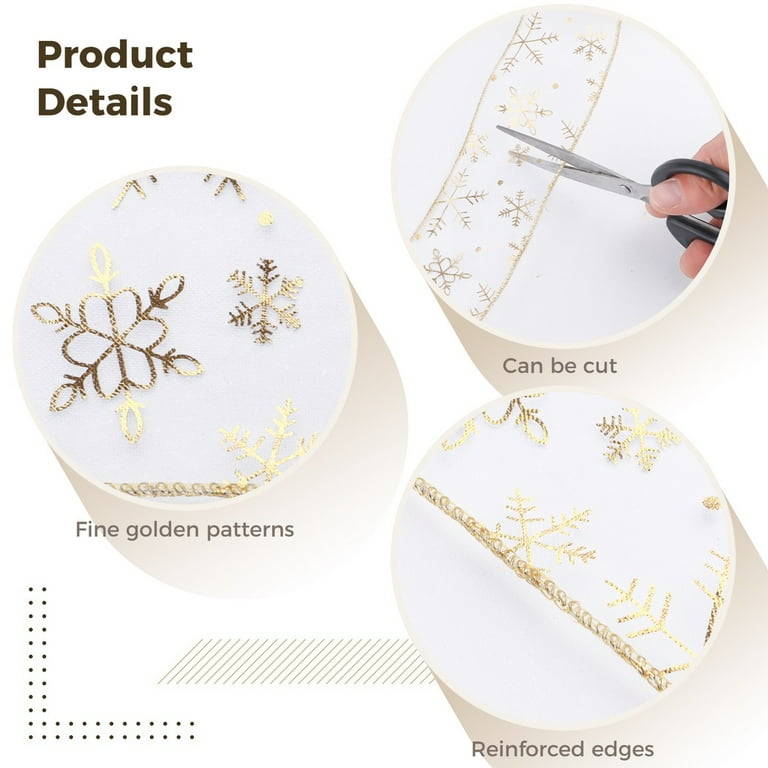Organza Sheer Ribbon, Ivory Wired Ribbon with Gold Glitter Swirl Patterns,  Metallic Edge Ribbon, 30 Ft Christmas Ribbon for Tree Decoration