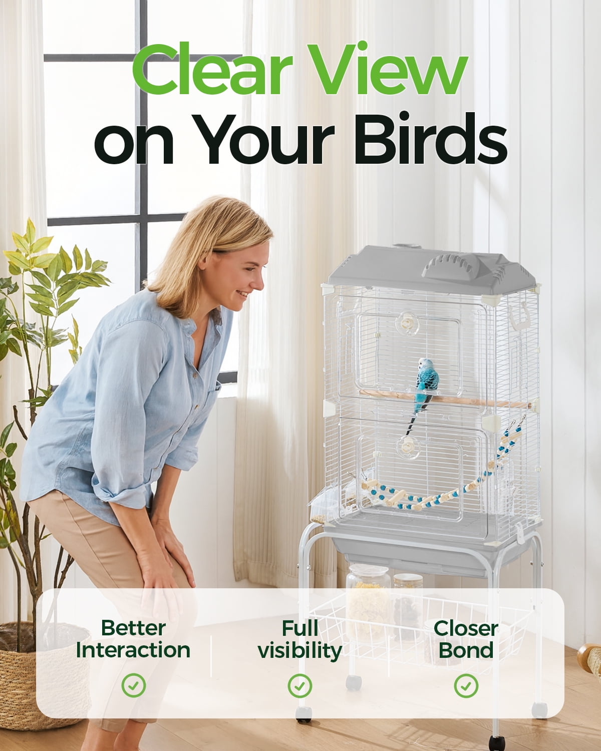 Clear View Bird Cage, Indoor Large Cage for Parakeet, Budgies, Cockatiels, Jaula para pajaritos, Easy Clean Safe Materials