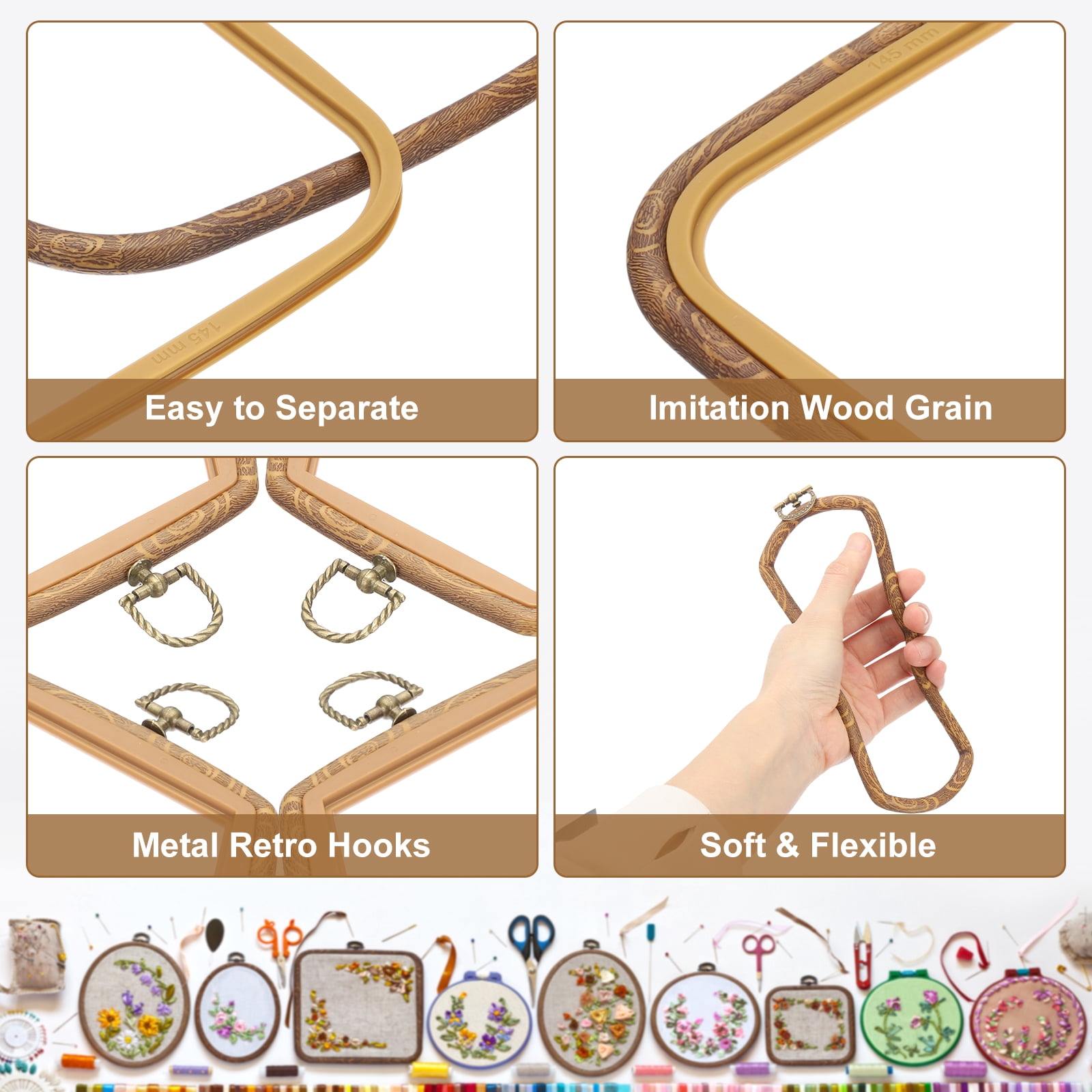 Uxcell 5 Pieces 6.3" x 5.7" Square Embroidery Hoops Frame Imitated Wood Circle Cross Stitch Hoop Ring for Embroidery Art Craft Handy Sewing Decoration, Brown