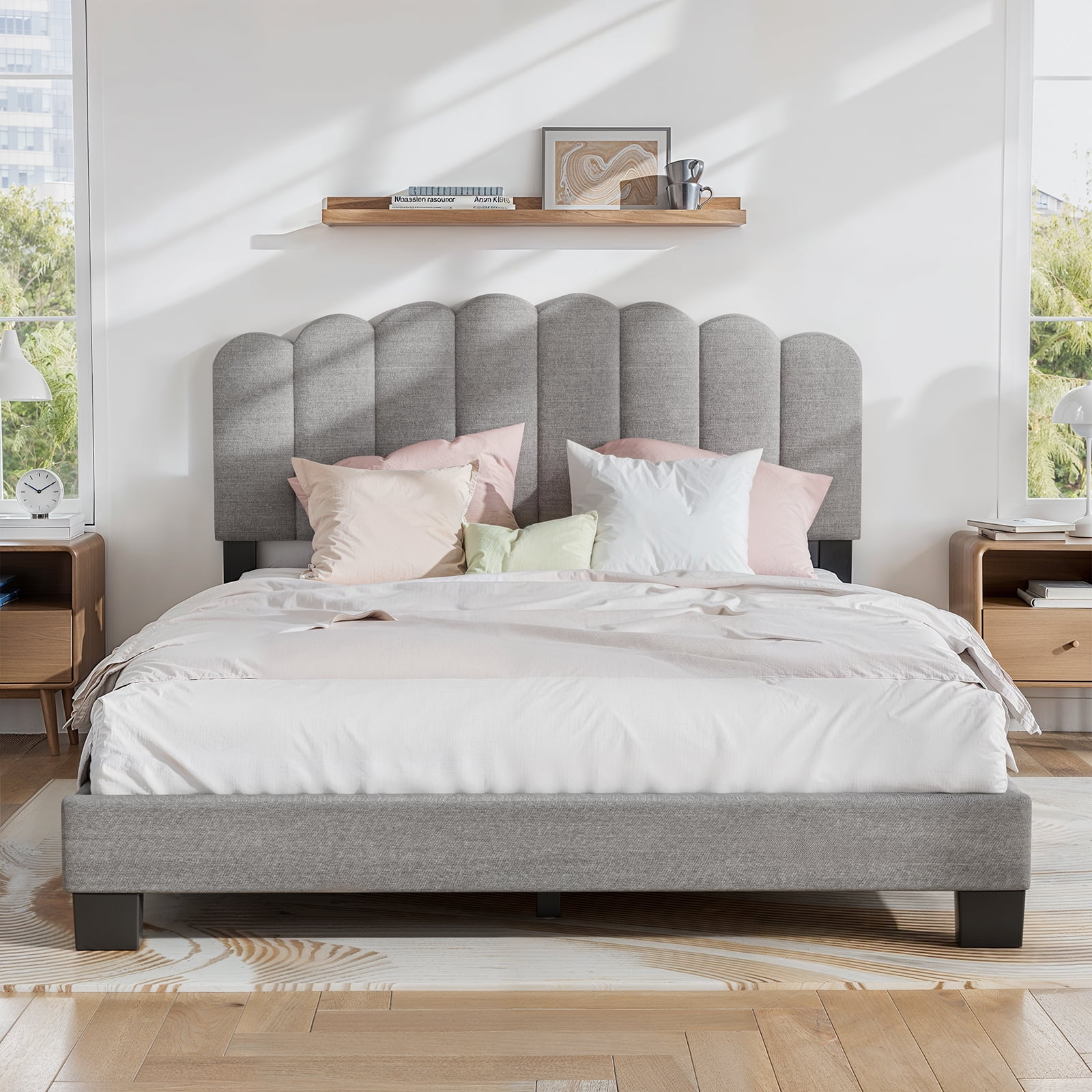 CHITOOMA Queen Size Platform Bed Frame with Velvet Upholstered Headboard and 12 Wooden Slats Support, No Box Spring Needed, Easy Assembly, Up to 1320 lbs, Grey