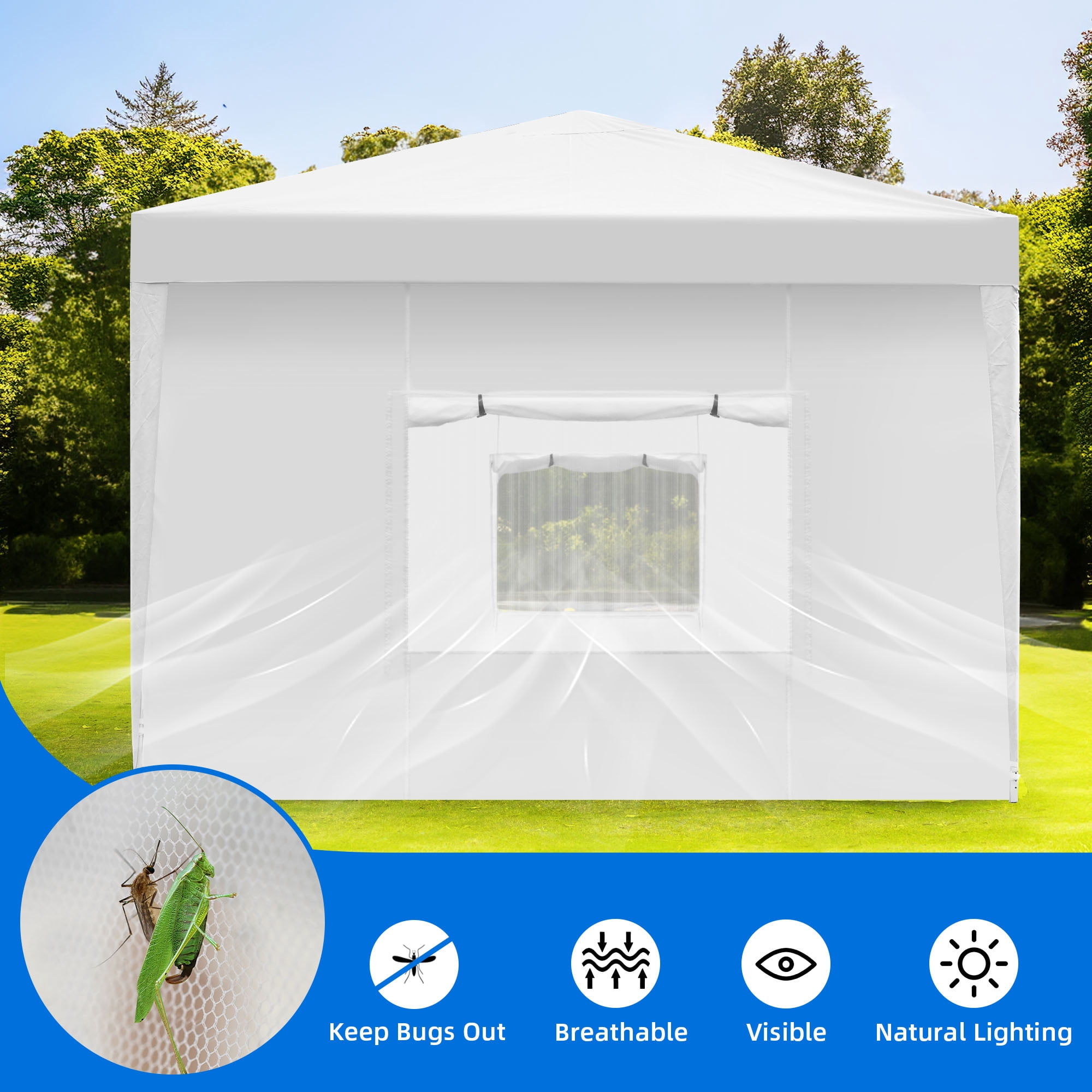 Uforic 10 ft x 20 ft Easy Pop Up Outdoor Patio Canopy Tent 6 Removable Sidewalls,4 Mesh Windows,6 Ropes,12 Stakes and 1 Carry Bag - White