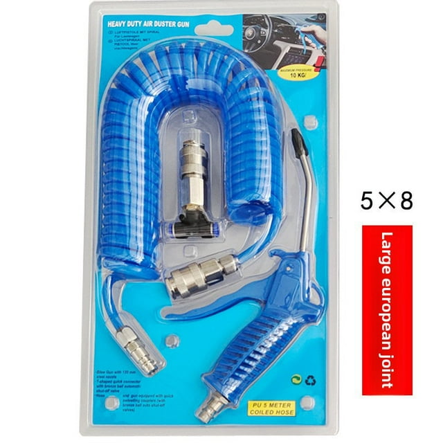 EU-Style Industrial Air Duster Kit with 5-Meter PU Spring Spiral Hose, Japanese Three-Way Connector, and 5*8 Large European Design – High-Quality, Versatile Dust Cleaning Tool Set for Efficient