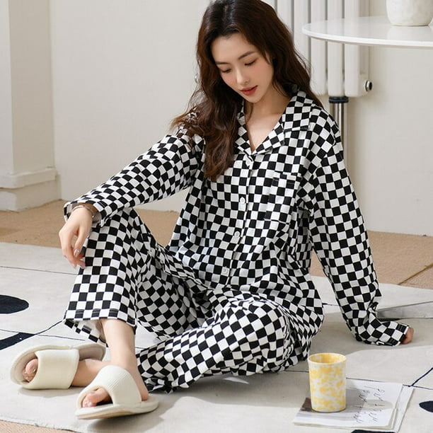 QWZNDZGR Autumn Brand Combed Cotton Female Pajama Sets Women's Pyjamas Plaid Sleepwear Pijama Mujer Nightwear Fashion -