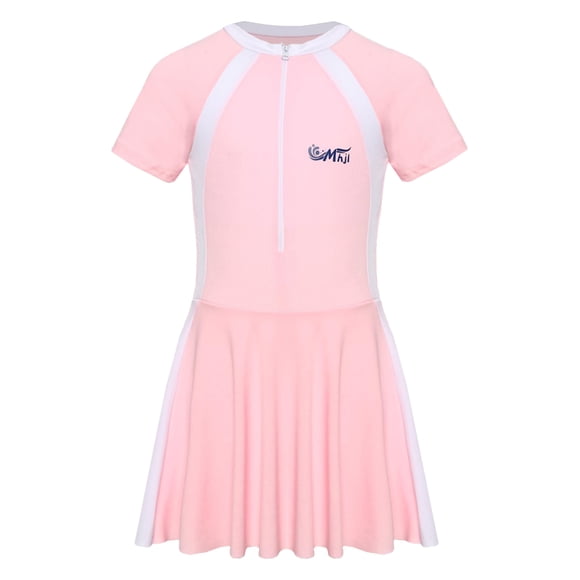 Jelory One Piece Swimsuit for Girls Front Zippy Padded Swimwear Short Sleeve Swim Dress UPF50+ Pink 160/XXL