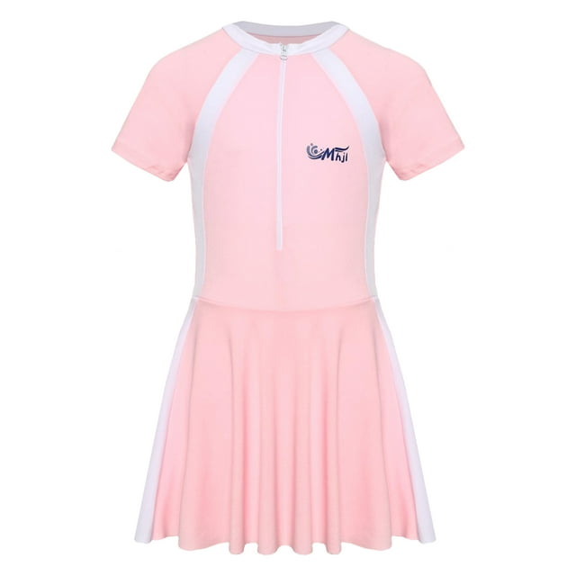 Kaerm Short Sleeve Swimsuit for Girls Front Zippy Padded Beachwear Swim Dress UPF50+ Rash Guard Pink 140/L 不带胸垫