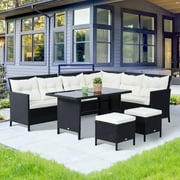6pcs Garden Rattan Sofa Sets Wicker Furniture Set Outdoor Dining Table w/ Cushions