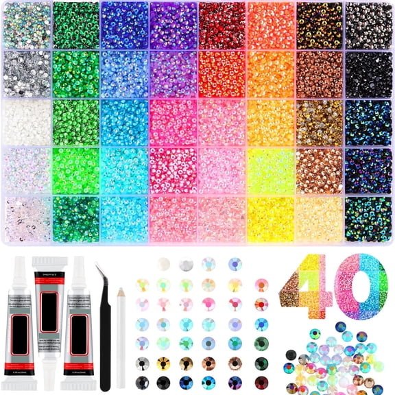 32000Pcs Resin Rhinestones Kit for Crafts and Nails, 40 Colors SS12 3mm Flatback Gems with 3Pcs B7000 Glue including Tweezers and Wax Pen for DIY Nail Art, Tumblers, and Decor