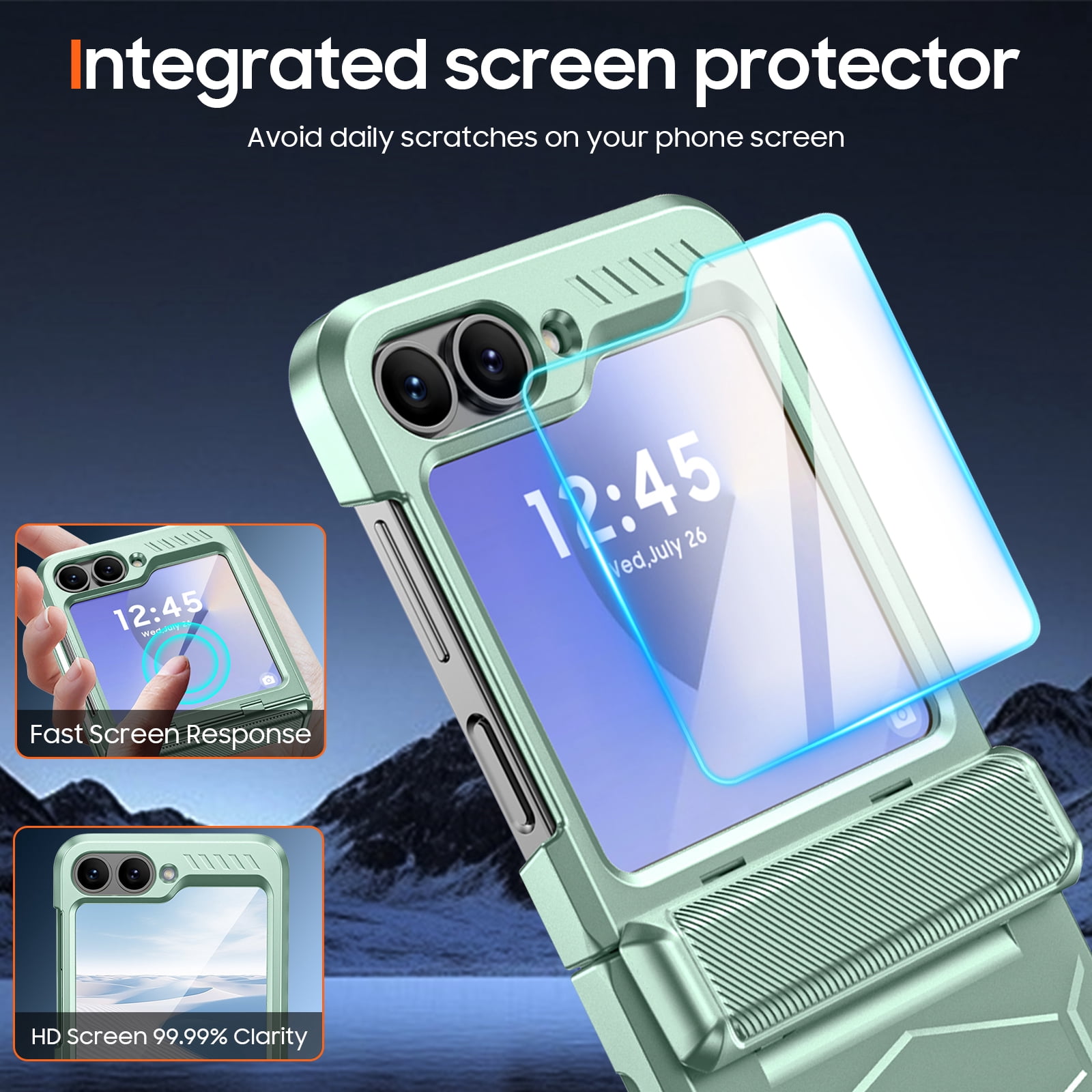 Oupeigar for Samsung Galaxy Z Flip 6/7 FE Phone Case,with Screen Protector,Wireless Charging,All-Inclusive Rugged Shockproof Phone Case-Mint green