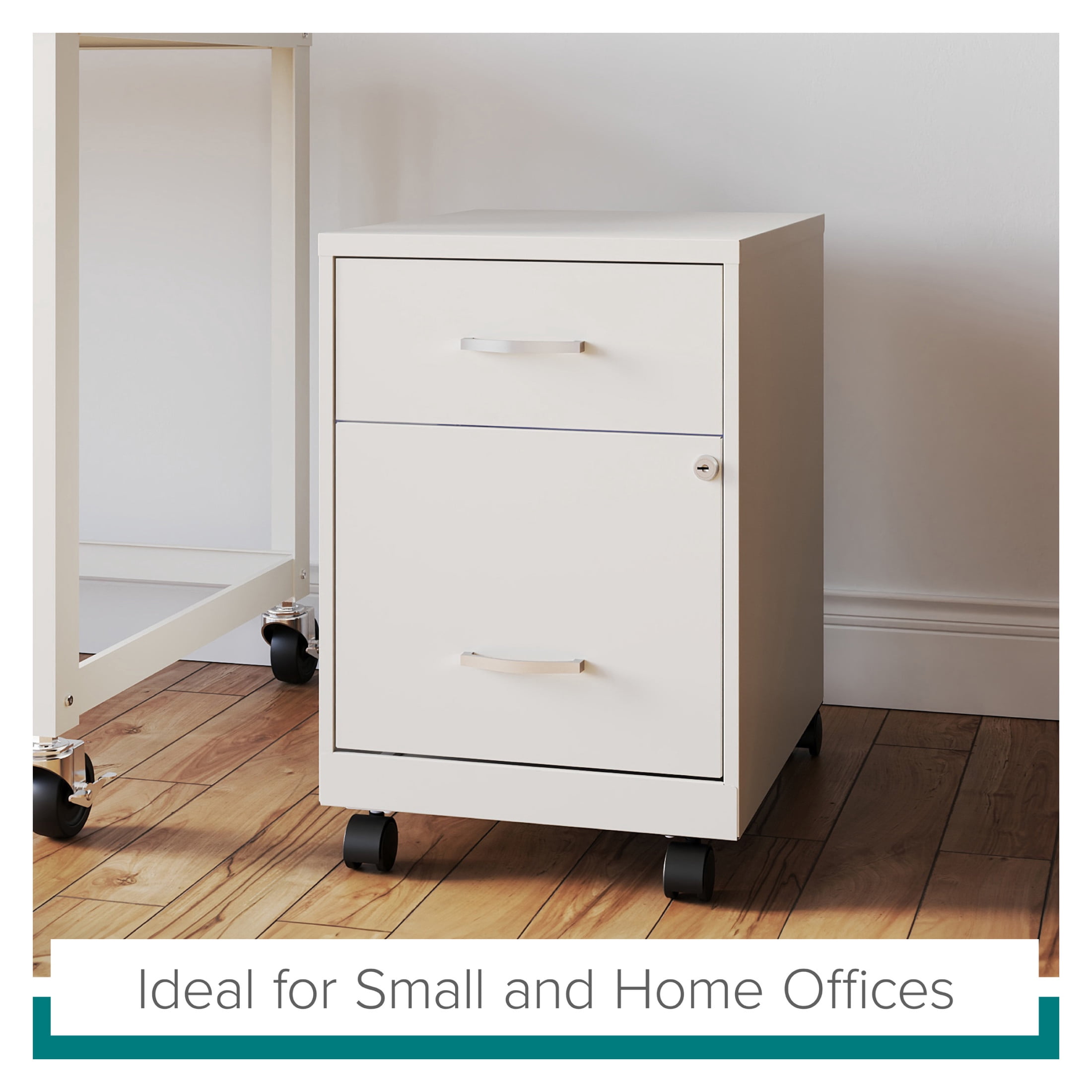 Space Solutions 18" Deep 2 Drawer Letter Width Mobile Vertical File Cabinet with Accessory Drawer, White/Teal