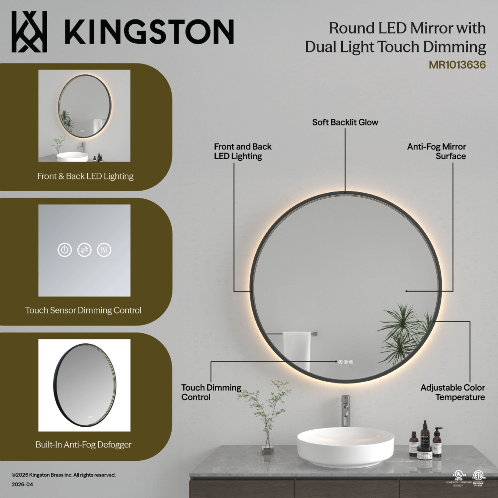 Kingston Brass MR1013636 Aurora 36-Inch Round LED Bathroom Mirror, Front and Back Light, Dimmable Touch Sensor Lighted Mirror in Silver/Gunmetal