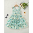 thumbnail image 3 of 6Y Little Girls Dress 7 Years Girls Sleeveless Dress Flower Print Off-the-shoulder Little Girls Summer Layered Dress Green, 3 of 8