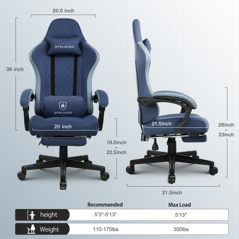 GTPLAYER Gaming Chair with Footrest Pocket Spring Cushion Linkage Armrests Ergonomic Office Chair Blue
