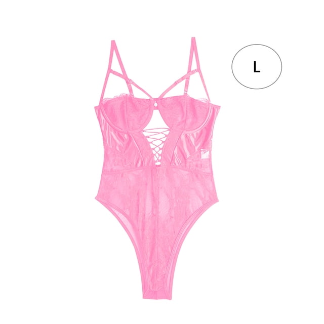 Lencería delgada para mujer Ropa de dormir sexy para mujer Body de encaje con tiras, L, Rosa fluorescente Monstrate XX000067-12
