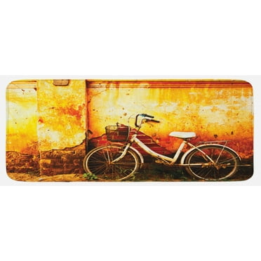 Bicycle Kitchen Mat, Vintage Bike in Front of a Rusty Dirty Cracked Broken Brick Wall Lifestyle Photo, Plush Decorative Kitchen Mat with Non Slip Backing, 47" X 19", Sepia, by Ambesonne