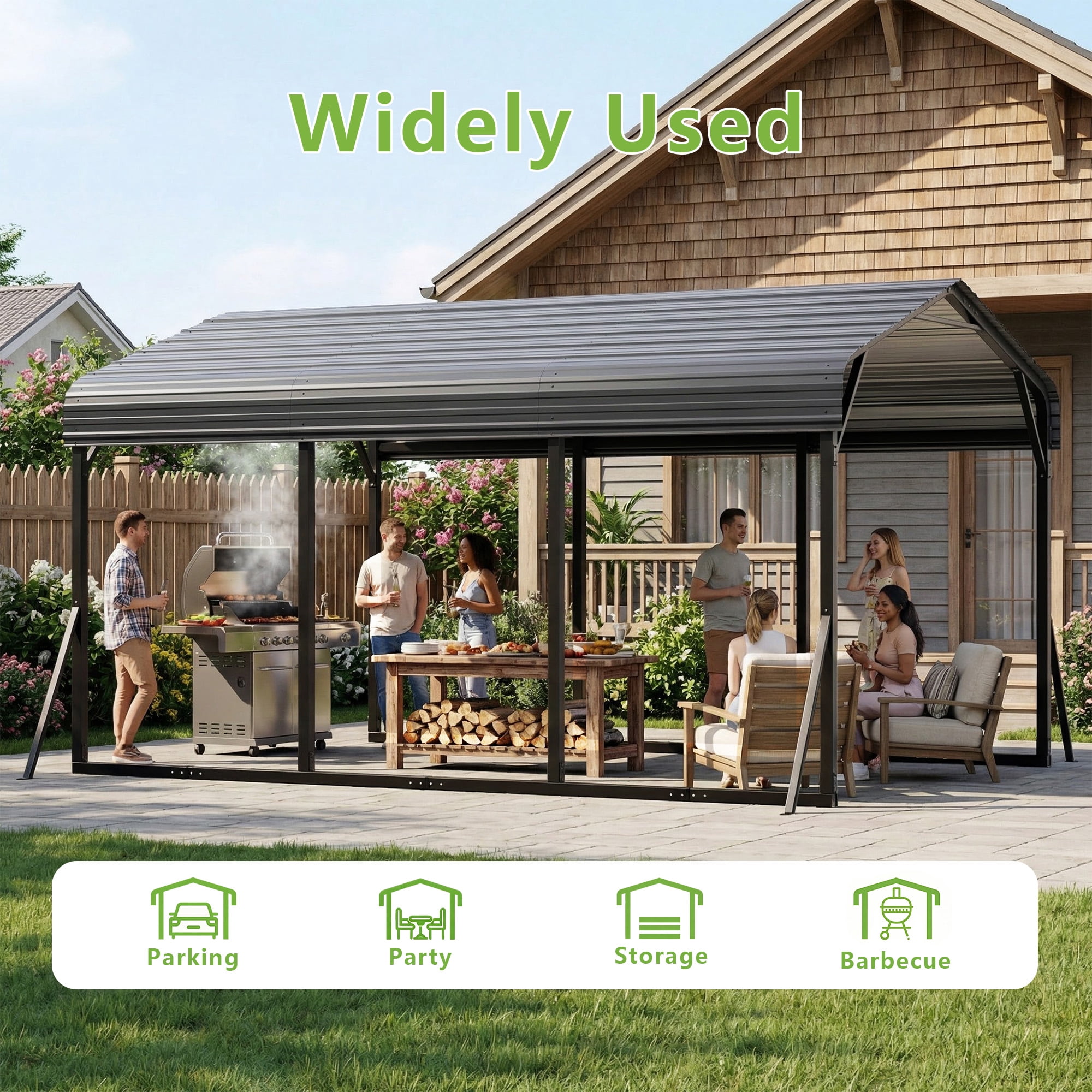 ALAULM 10x15FT Metal Carport w/Galvanized Steel Roof， Heavy Duty Car Port with Reinforced Support Rods & Windproof Anchors, All-Weather Outdoor Garage for Car, Truck, RV, Boat, Tractor