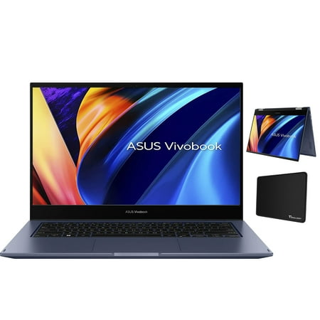 ASUS VivoBook Go 14 Flip Thin and Light 2-in-1 Laptop, 14 inch HD Touch, Intel Celeron N4500 CPU, UHD Graphics, 4GB RAM, 64GB eMMC, NumberPad, Windows 11 Home in S Mode,Blue with Tigology Accessories