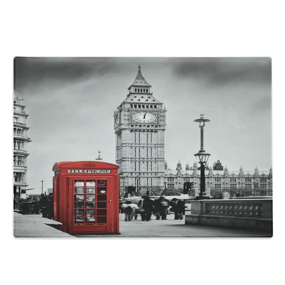 London Cutting Board, Famous Telephone Booth and the Big Ben in England Street View of Town Retro, Decorative Tempered Glass Cutting and Serving Board, Large Size, Red Grey, by Ambesonne