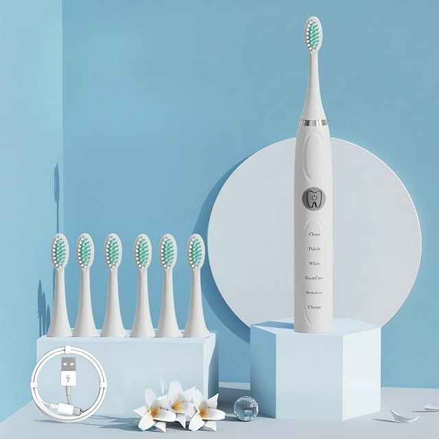 Cepillo de dientes eléctrico recargable para adultos - cerdas suaves, 5 modos de limpieza, carga USB, 6 cabezales de cepillo, impermeable, blanco/verde/rosa/azul