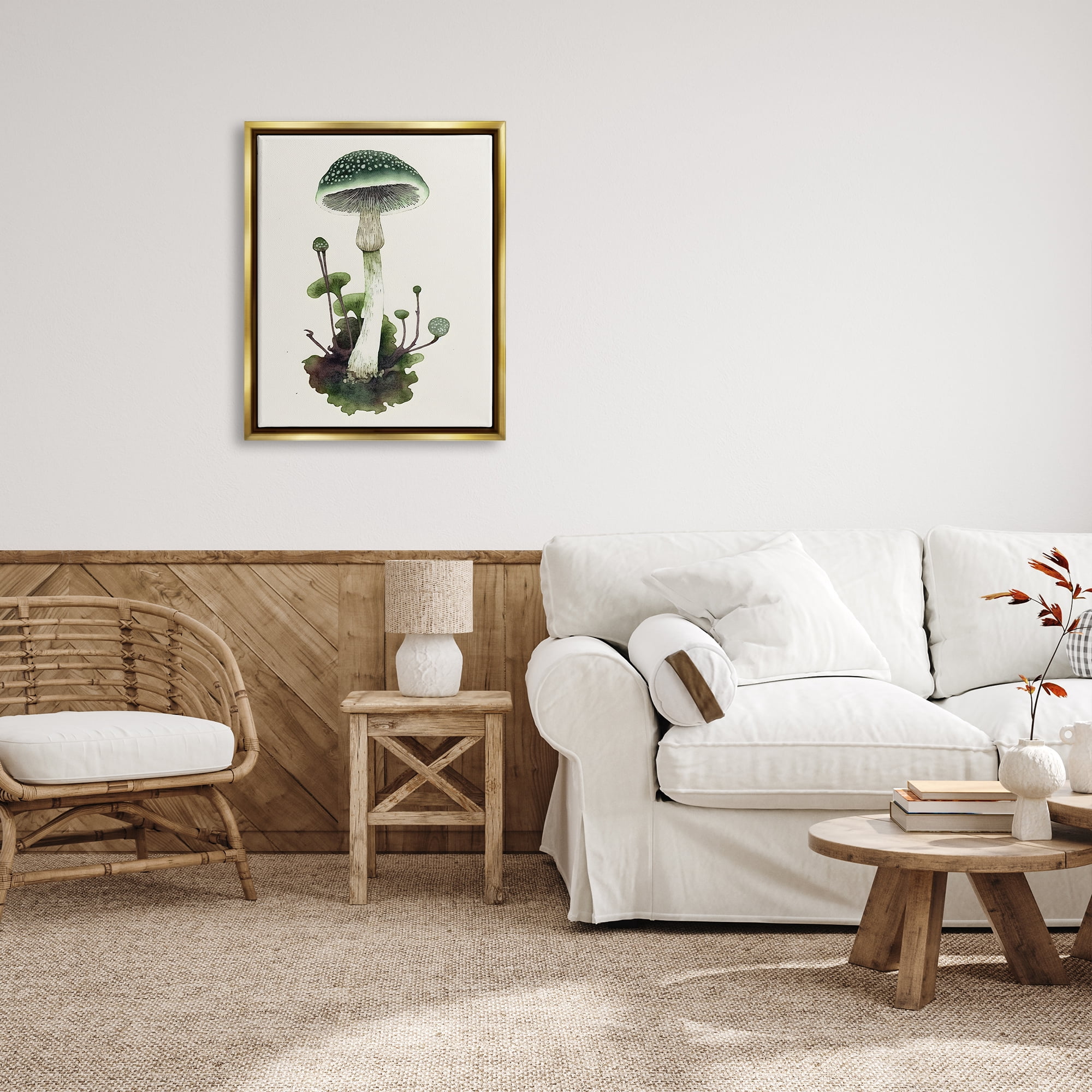 Stupell Industries Forest Green Mushroom Botanical & Floral Painting Gold Floater Framed Canvas Art Print Wall Art, 25 x 31