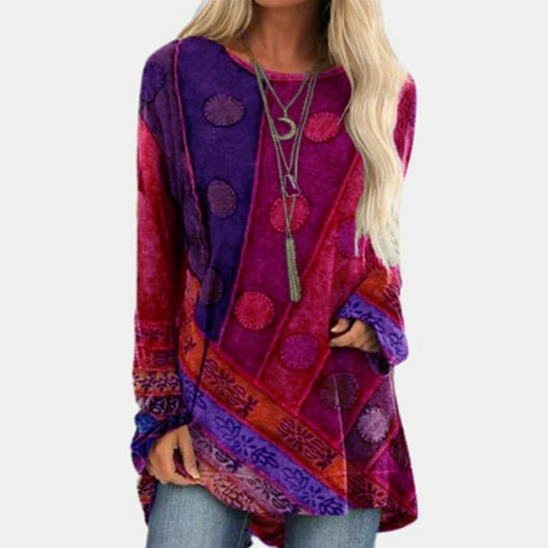 Hot Pink Tunic Tops for Leggings Womens Blouse Long Sleeve Tunics Top for Leggings Shirts Crewneck Gradient Color Pullover Fall Loose Fit T Shirts 3XL