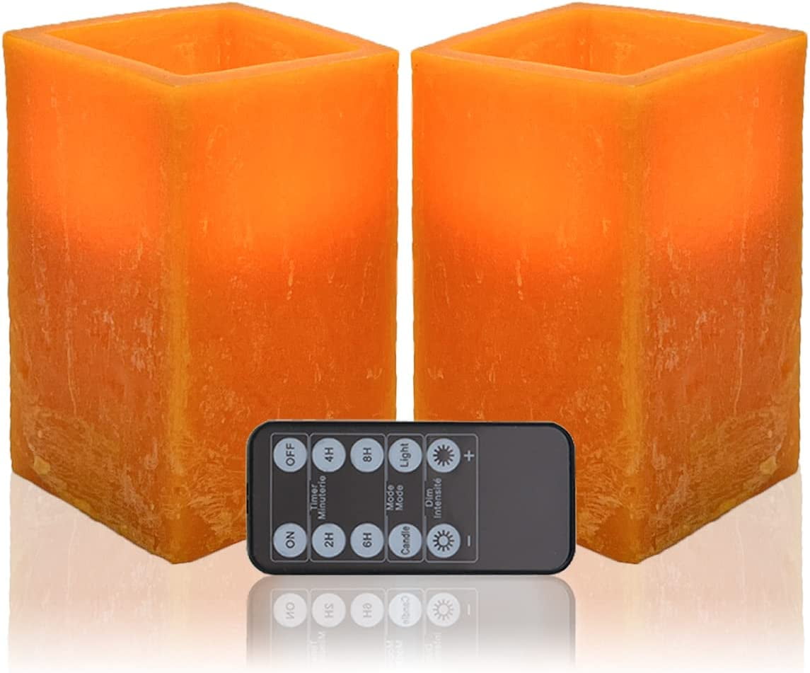 Orange Flameless Candles Battery Operated Set of 2 (D 3" X H 4") Square