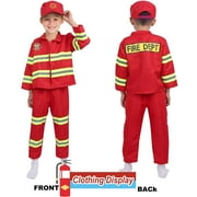 8Pcs Red Kids Fireman Costume Dress-up Set Pretend Role Play Firefighter Realistic Outfit Kit Gift Toys for Boys 3-6 Years Toddler Birthday Christmas Present