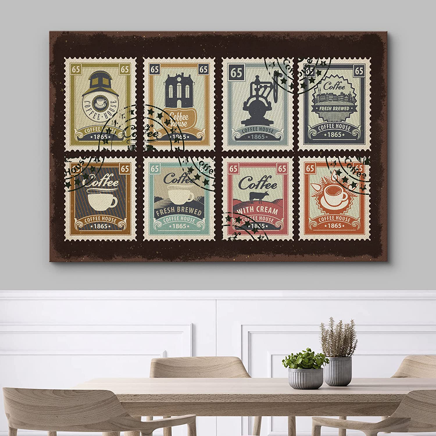 Canvas Print Wall Art New Orleans Style Coffee House Stamp Collage Food   Cooking Kitchen Illustrations Modern Art Decorative Rustic for Living Room,  Bedroom, Office 12
