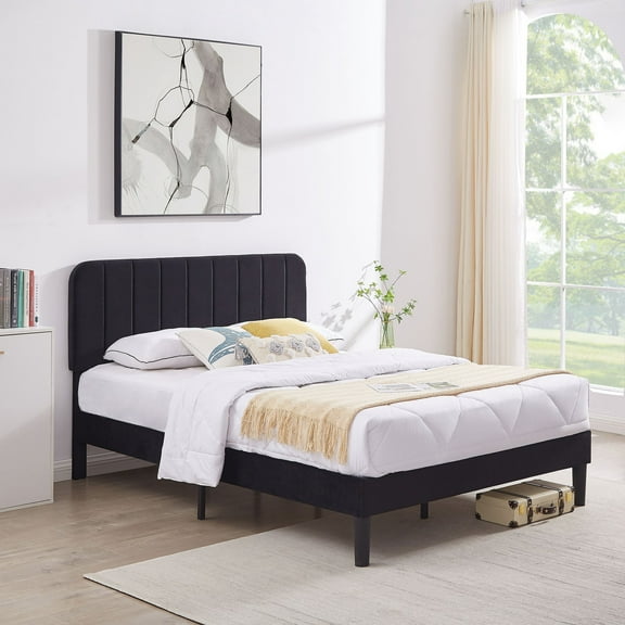 VECELO Queen Size Bed Frame with Upholstered Headboard, Velvet Platform Bedframe Mattress Foundation, Strong Wood Slat Support, No Box Spring Needed,Velvet Black