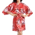 thumbnail image 5 of Defitshape Women's Satin Kimono Robe Lightweight Silk V Neck Pattern Dressing Gown Floral Print Bathrobe Short Belted Spa Sleepwear Bridal Bride 3/4 Sleeve Red XX-Large, 5 of 5