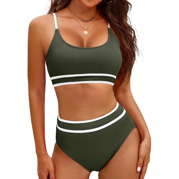 Women's High Waisted Bikini Sets Ribbed Two Piece Swimsuit Color Block Adjustable Straps Bathing Suit