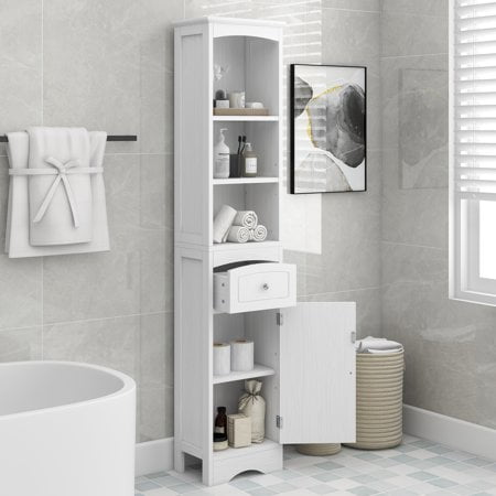 MIA White Wood Tall Tallboy White Bathroom Cabinet With Shelves & Cupboard 