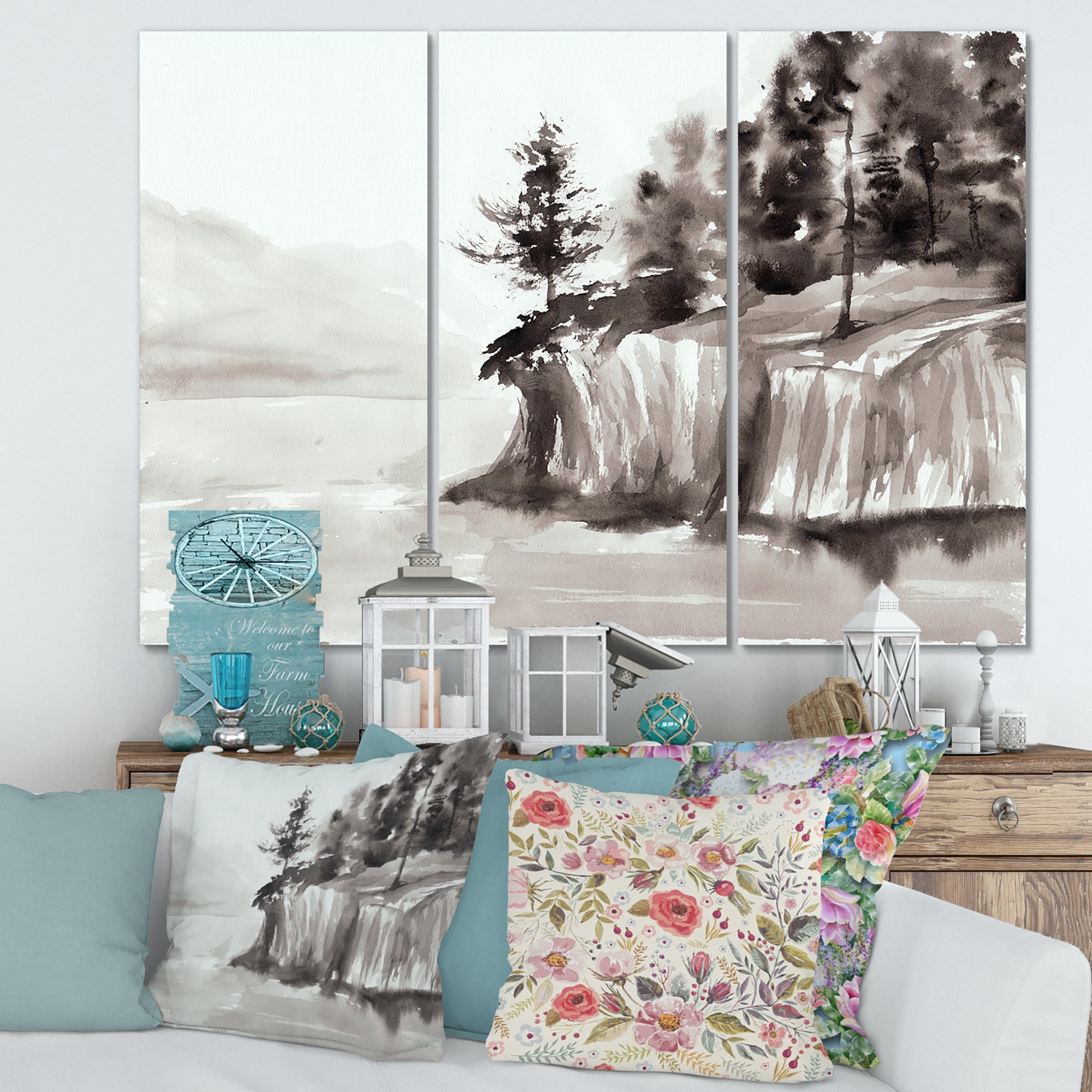 Designart ' Black & White Cliffs By The Lake ' Nautical & Coastal Canvas Wall Art Print