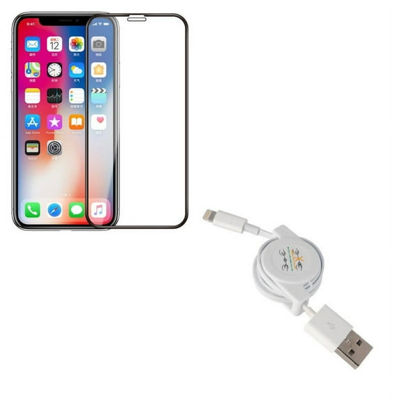 iPhone XS/X - Tempered Glass Screen Protector w Retractable USB Cable - 5D Touch Curved Edge Full Cover Bubble Free Case Friendly 9H Hardness, Charger Power Cord Sync Wire Fast Charge