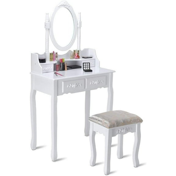 Gymax Makeup Desk Wood Jewelry Vanity Table Stool W/4 Drawer White