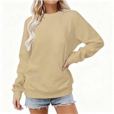 BCSIOAOI Sweatshirts for Women Crewneck Long Sleeve Ribbed Cuffs Hem Solid Pullover Top Khaki L