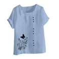 thumbnail image 4 of Clean Vintage Linen Tshirts for Women Floral Printed Tunic Blouses Plus Size Loose Fitted T Shirts Round Neck Short Sleeve Tops Front Buckle Basic Tunics Cute Butterfly Pattern Blouses Outfits, 4 of 4