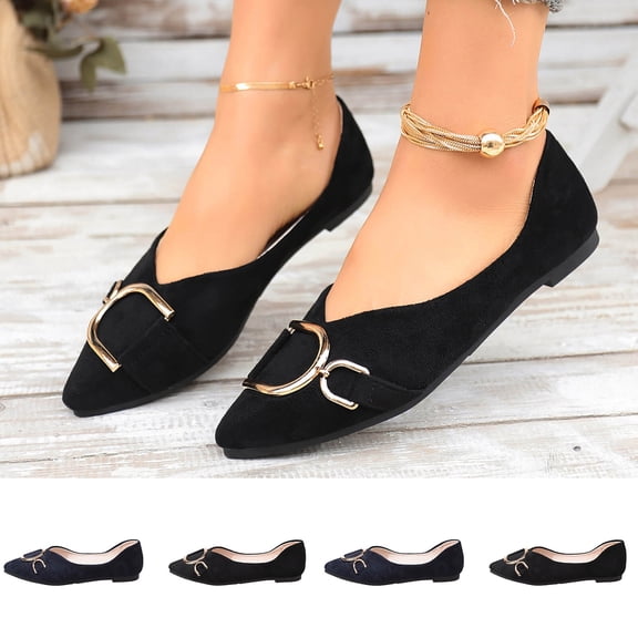 Women's Flats for Women Trendy British Retro Pointed Toe Suede Metal Buckle Slip On Shoes Comfortable Casual Soft Sole Fashion Plus Size Wide Width Black Shoes for Women