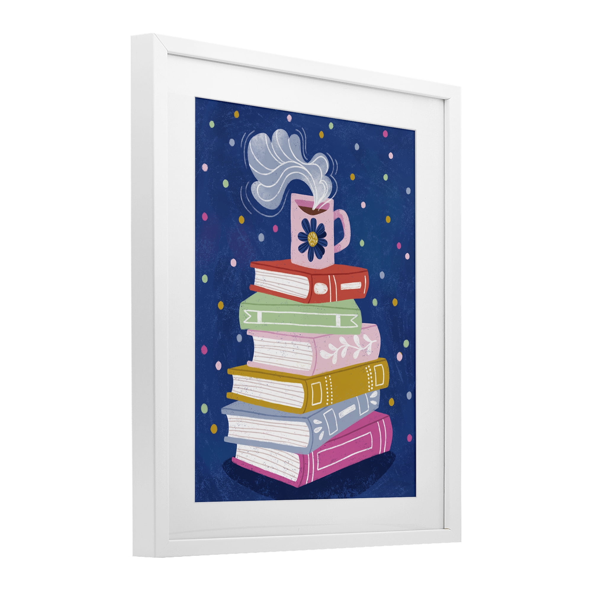 Stupell Industries Book Stack & Cozy Mug White Framed Print Under Glass, design by Vanessa Stoilova