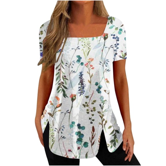 Dianli Womens Shirts Square Neck Tunic Floral Print Short Sleeve Summer T-Shirts Plus Size Casual Fashion Split Tops Blouses Dark Blue L