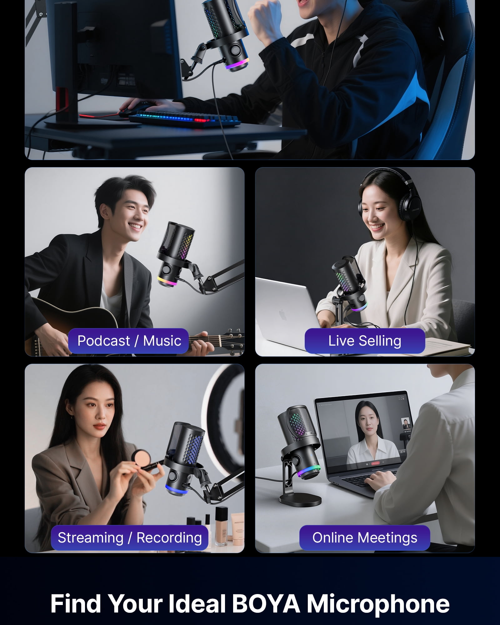 BOYA USB Gaming Microphone for Streaming, Music Recording, Built-in DSP Quadruple Noise Reduction, CD Sound Quality, 9 RGB, Boom Arm